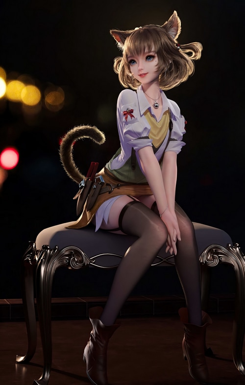 Cat girl with tail and ears sitting on a bench