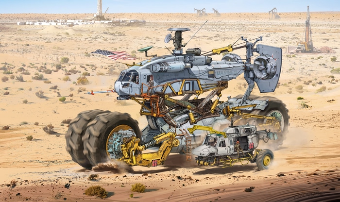 Artwork of a Marine helicopter on a desert landscape