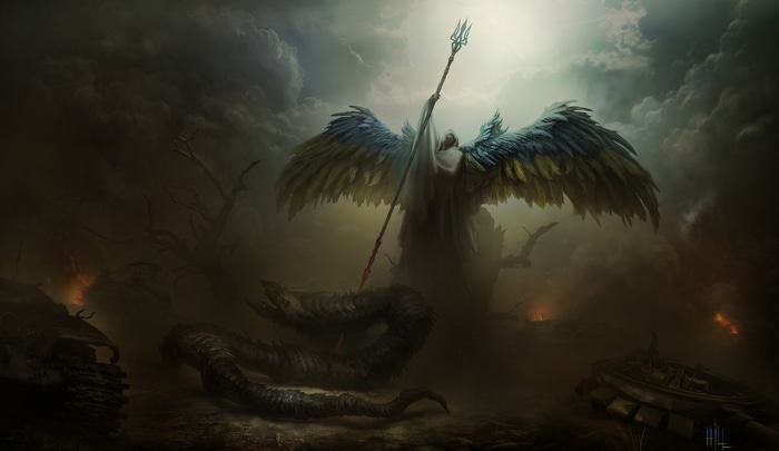 Angel with Trident fighting a Snake by Yuri Hill