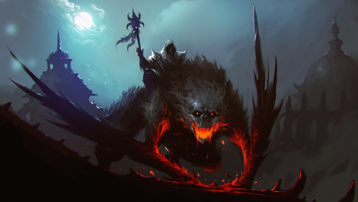 A hooded figure rides a fiery wolf creature