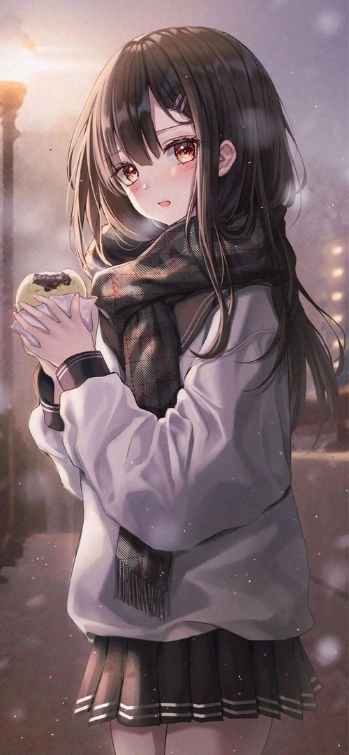 Anime girl in school uniform eating food