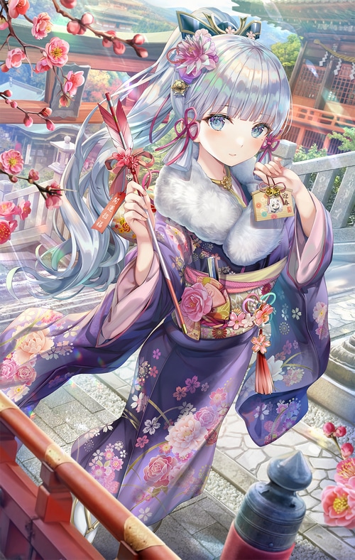 Kamisato Ayaka in a Kimono with Cherry Blossoms