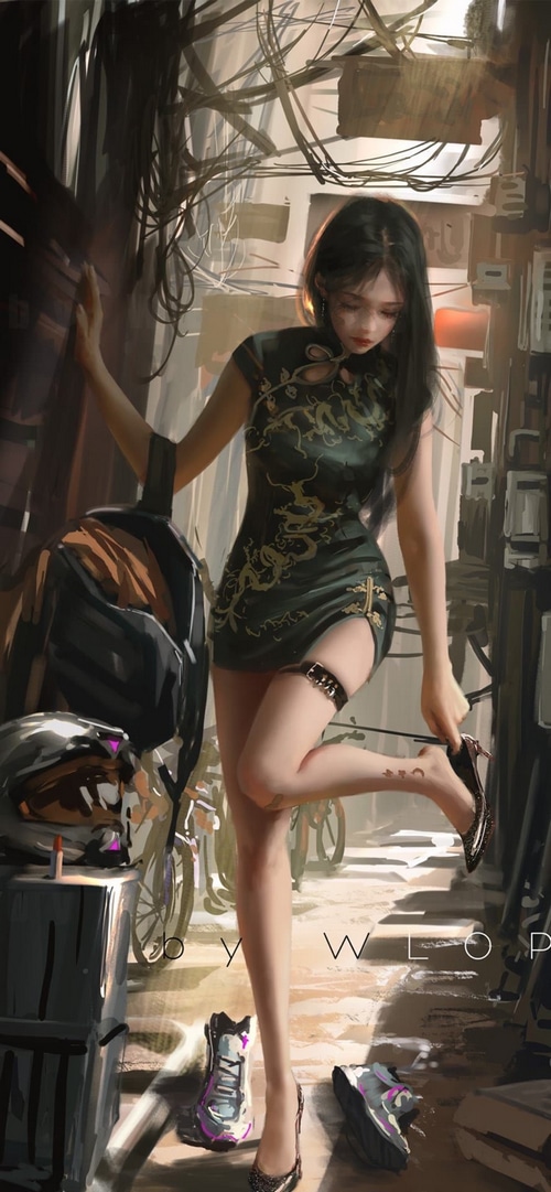 WLOP girl in Chinese dress with backpack and shoes