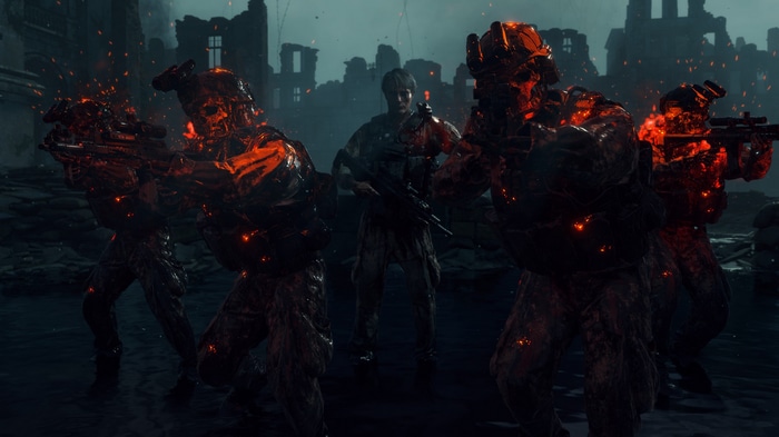 Death Stranding screenshot with burning soldiers