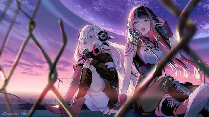 Anime girls with multi-colored hair behind a fence