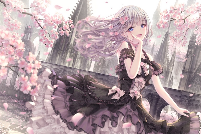 Gothic Lolita girl with silver hair and blue eyes
