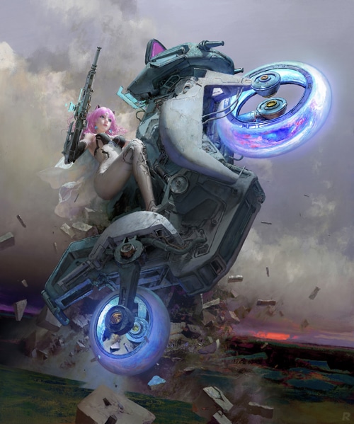 Pink-haired woman with a futuristic motorcycle