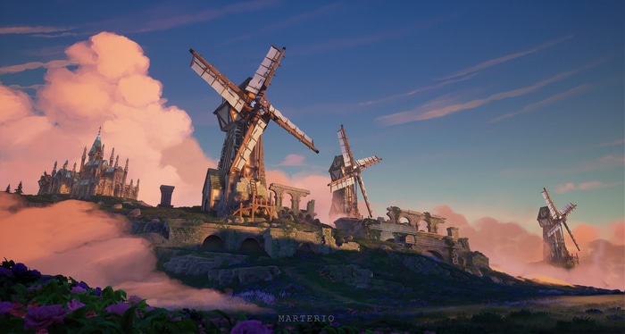 Fantasy art of windmills and a castle by Marterio