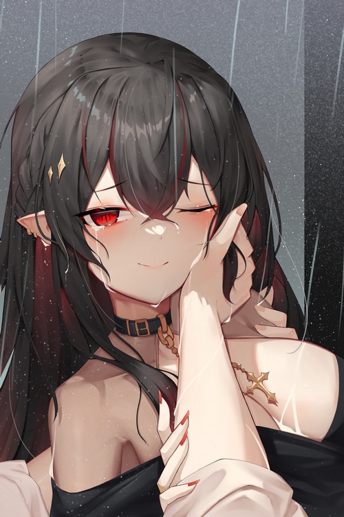 Aoria crying in the rain with red eyes