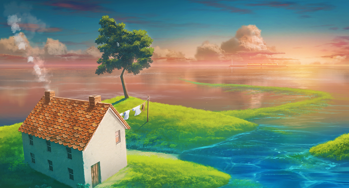 Spirited Away house by the water at sunrise