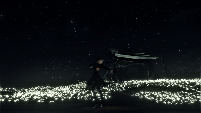 2B in a field of glowing flowers under a starry sky