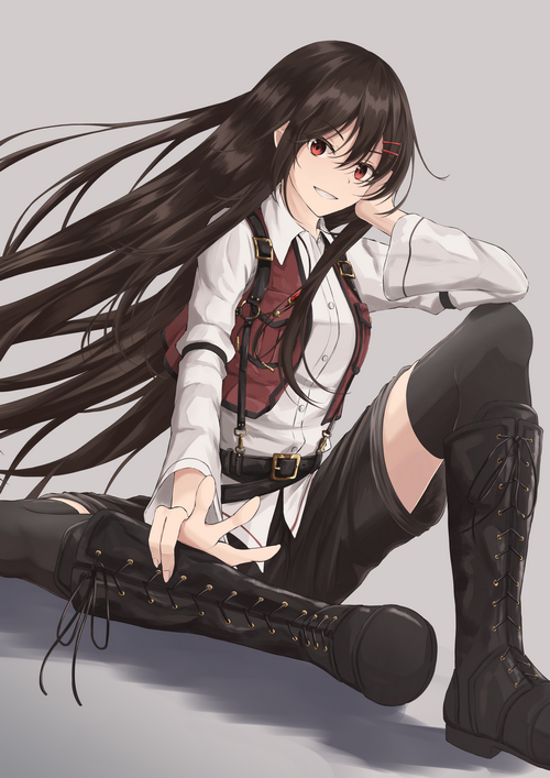 Anime girl with long dark hair and red eyes smiling