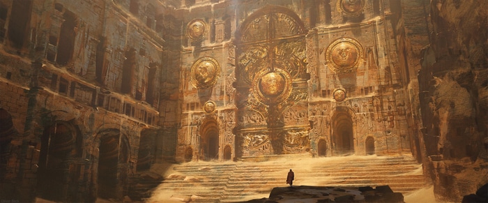 Artwork by Oliver Beck of ancient desert architecture