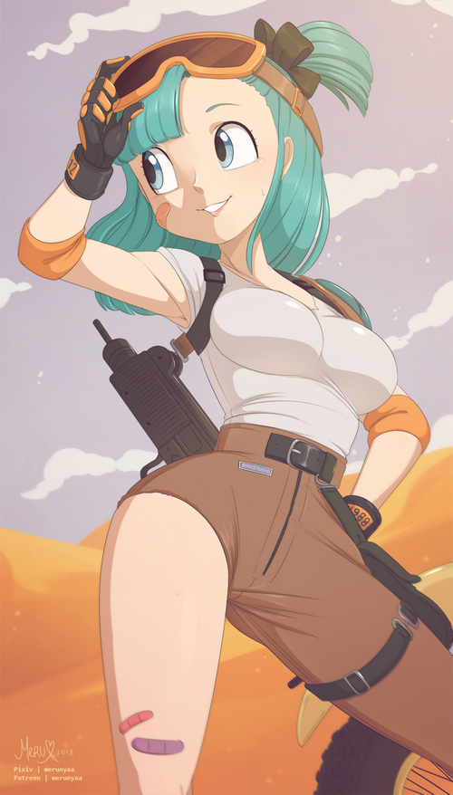 Young Bulma from Dragon Ball with a gun