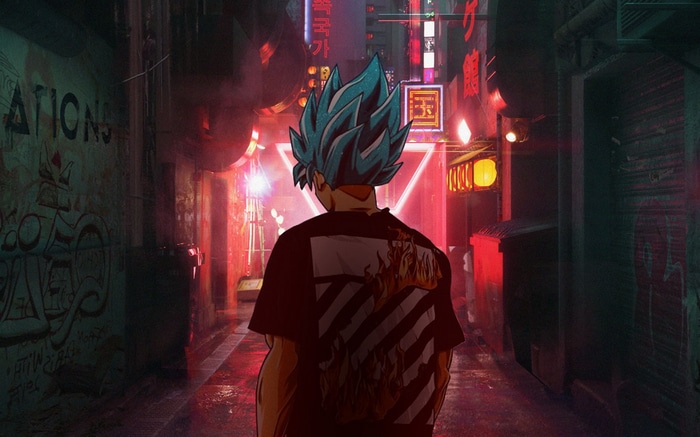 Son Goku in a neon-lit alleyway