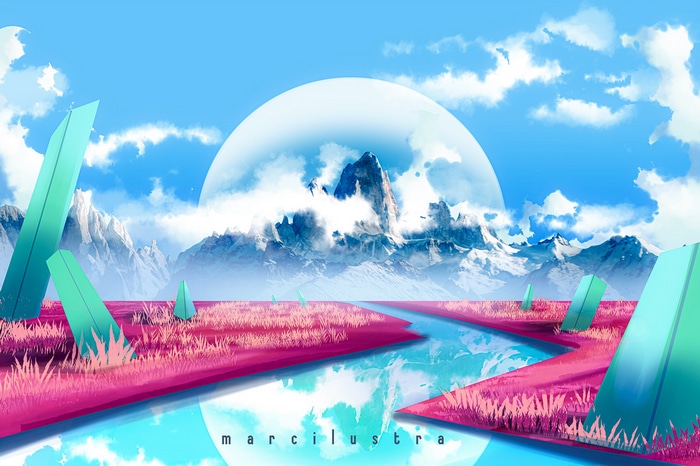 Science fiction landscape with mountains and river