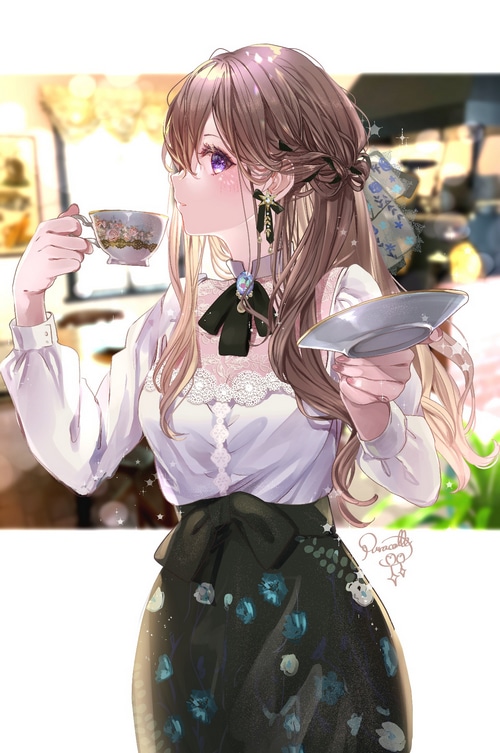 Anime girl with brunette hair drinking tea