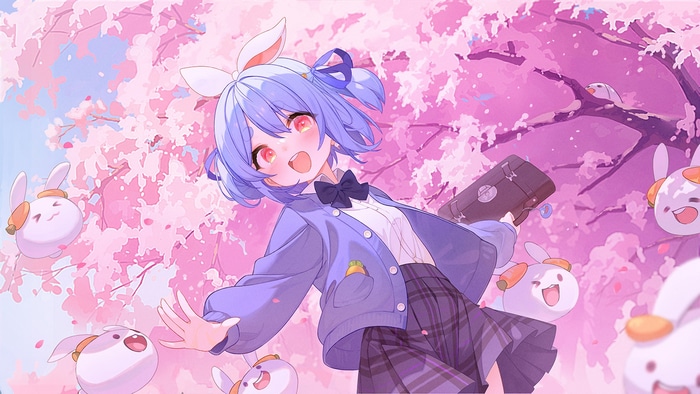 Usada Pekora with bunny friends under cherry blossoms