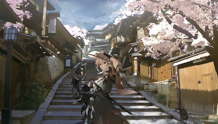 Kaedehara Kazuha and companions on cherry blossom stairs