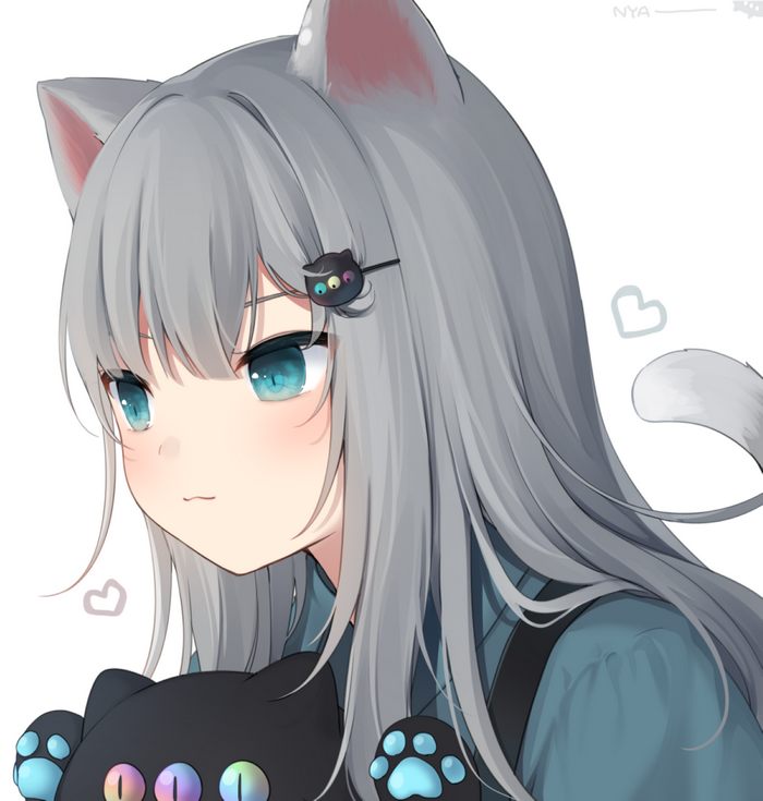 Cat girl with gray hair and blue eyes holding a plush cat