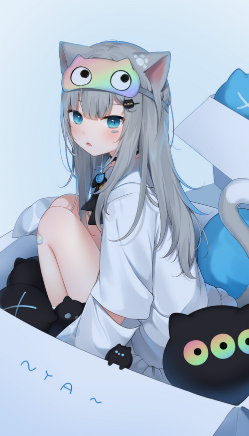 Anime cat girl with gray hair and blue eyes in a box