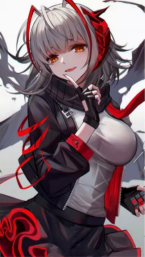 W from Arknights with red eyes and white hair