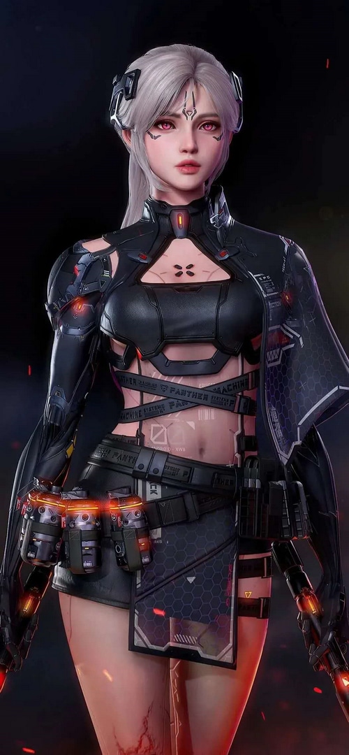 Cyberpunk woman with white hair and red eyes