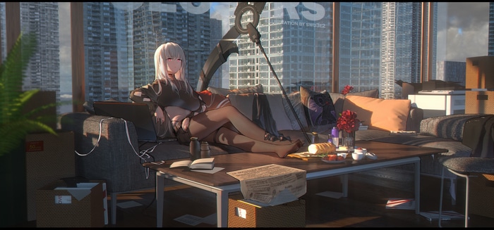 Closers character with scythe in a modern apartment