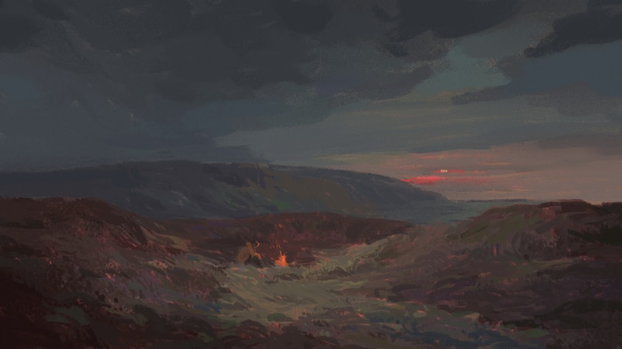 Digital art of a volcanic landscape at dusk