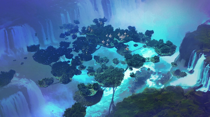 Floating islands with waterfalls and a village