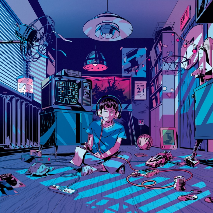 Boy with headphones playing video games in a retro room