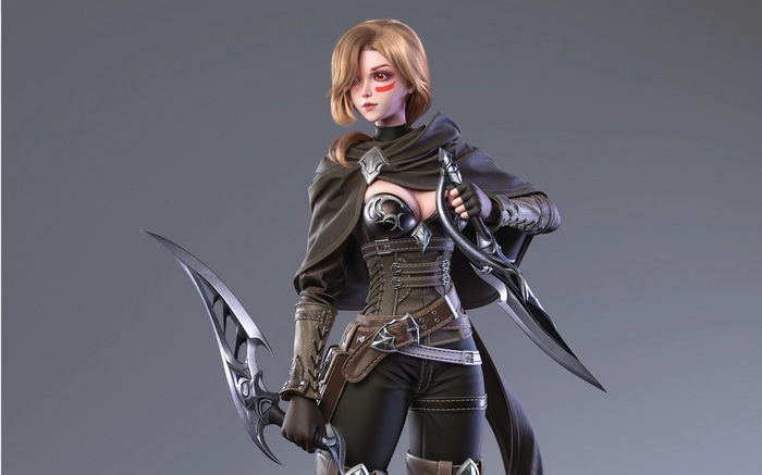 Woman with blonde hair and face paint holding weapons