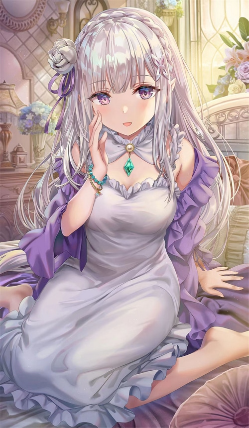Emilia in a white dress with purple accents