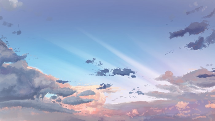 Anime sky with sunbeams and clouds