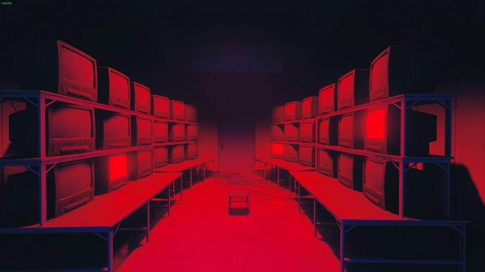 Rows of old televisions in a dark room
