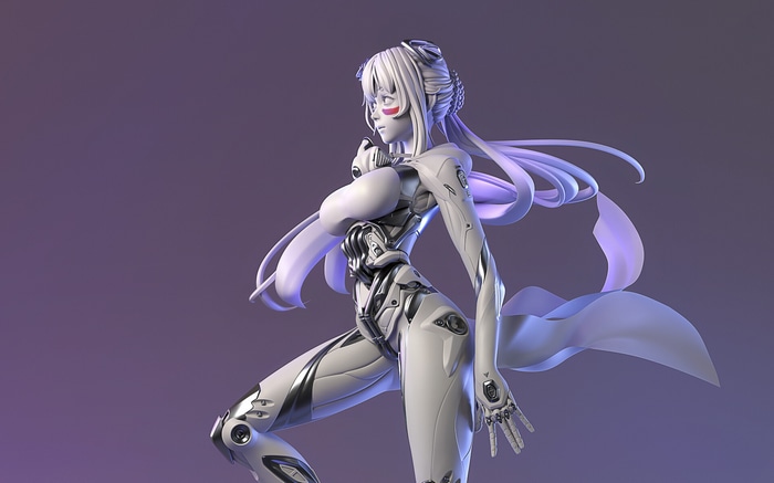 Cyborg girl with white hair and red markings