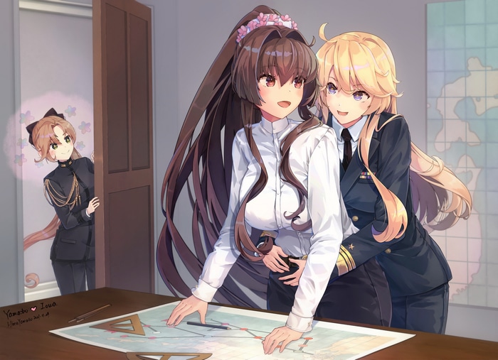 Kantai Collection Yamato, Iowa, and Akigumo in an office