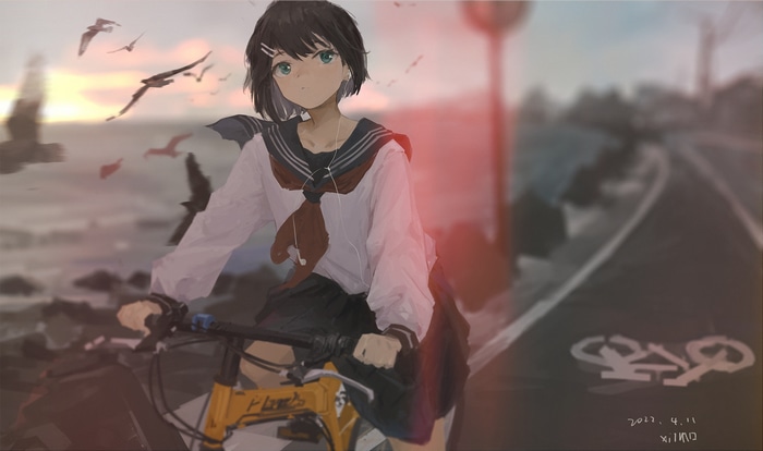 Schoolgirl on a bicycle with birds flying