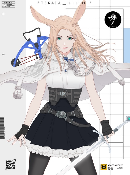 Park JunKyu's bunny-eared woman with sword and crossbow