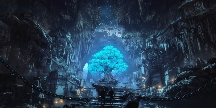 Fantasy cave with glowing blue tree and two figures