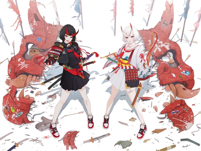 Anime demon girls with swords and red oni masks