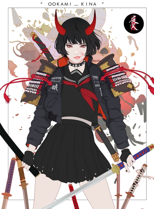 Demon Schoolgirl with Horns and Swords
