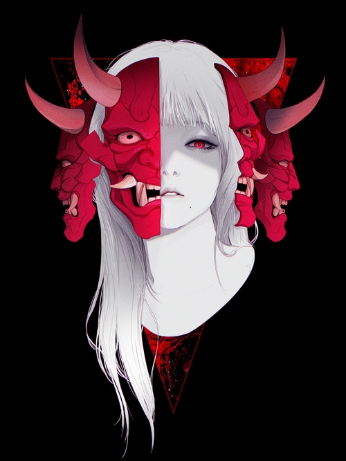 Anime girl with red demon mask and horns