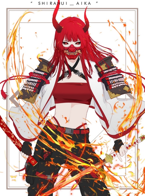 Anime girl with red hair, horns, and oni mask with fire