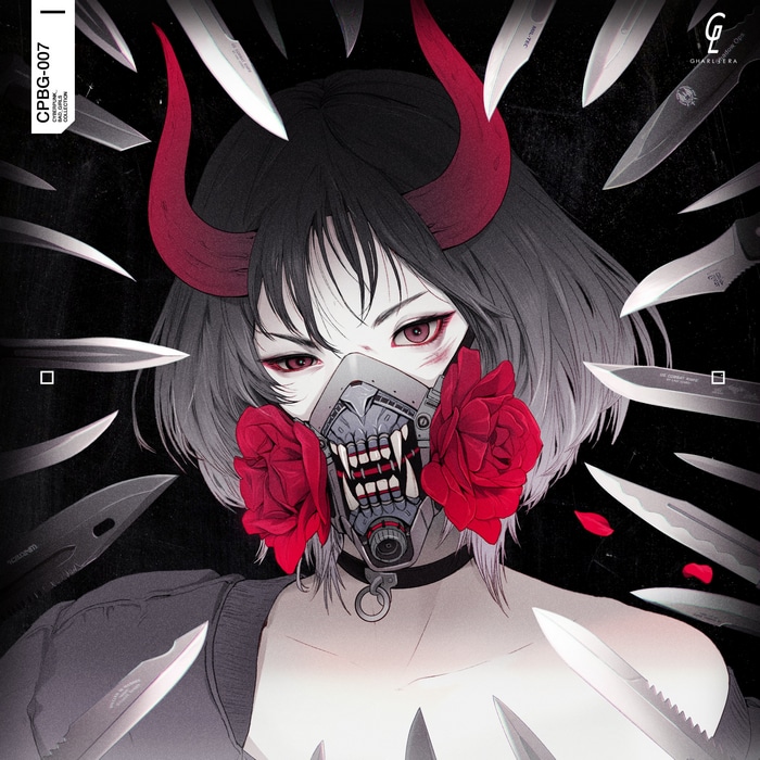 Anime Demon Girl with Mask and Roses Surrounded by Knives