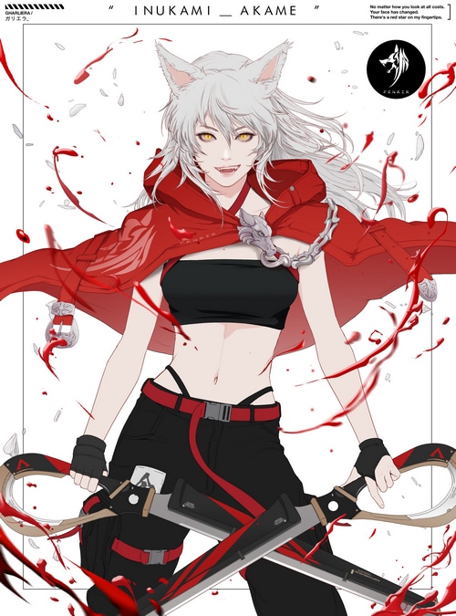 Inukami Akame with swords and red cape
