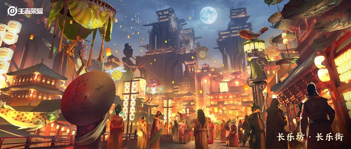 Chinese street festival at night with lanterns and traditional buildings