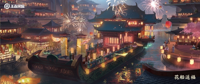 Chinese architecture with fireworks and boats