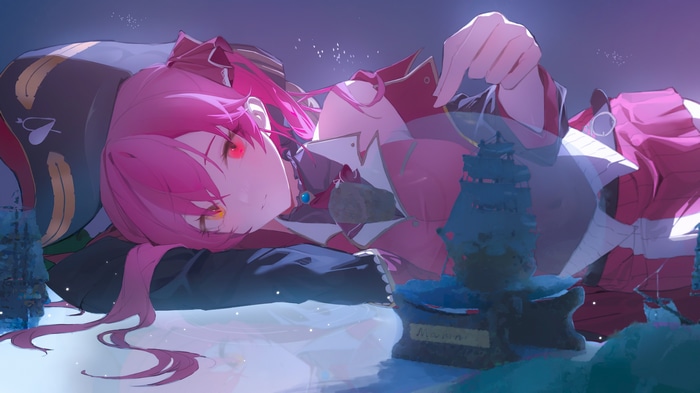 Houshou Marine lying down with pink hair