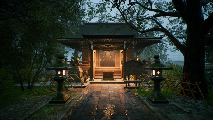 Ghostwire: Tokyo shrine with fox statues and lanterns
